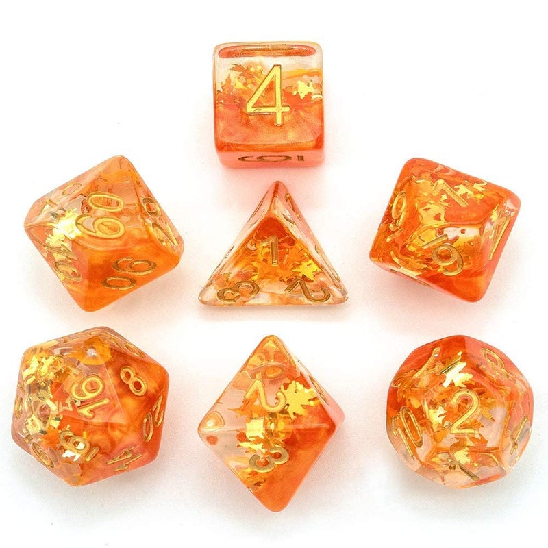 Cusdie 7-Piece Dice Set - Resin DND Dice with Yellow Leaf-Shaped Gold Foil Design, Perfect for Board Game Enthusiasts, Gifts, and Collectors(Fall Dice) - Image 2